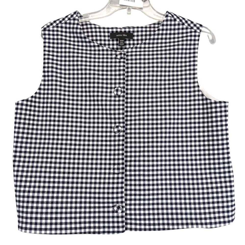 Autres Filles Navy Gingham Sleeveless Vest Blouse Womens M Stretch Button Front